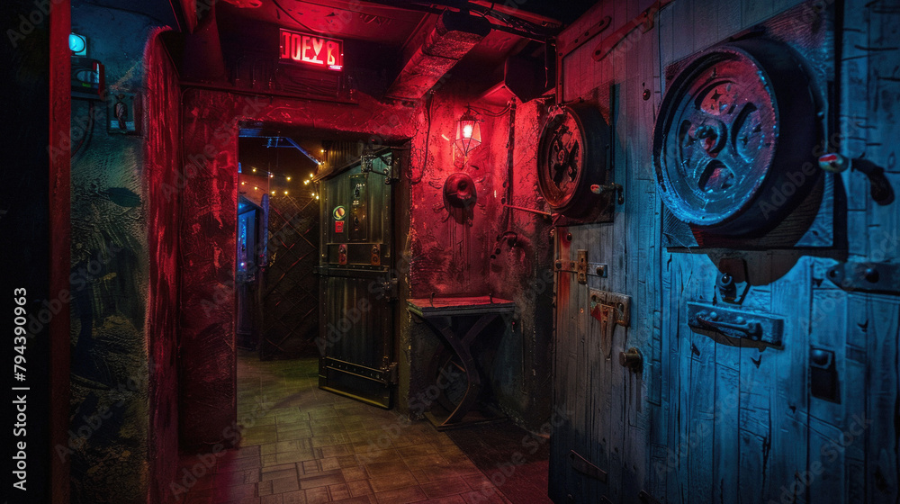Naklejka premium A dark room with a red sign that says DEZ