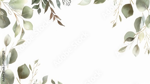 The greenery watercolor frame features eucalyptus foliage. Botanical invitation template. Hand-painted green leaves and branches corner border. PNG clipart. photo