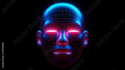 A digital illustration of a human-like face constructed with glowing blue and red wireframe mesh against a black background. © Nonna