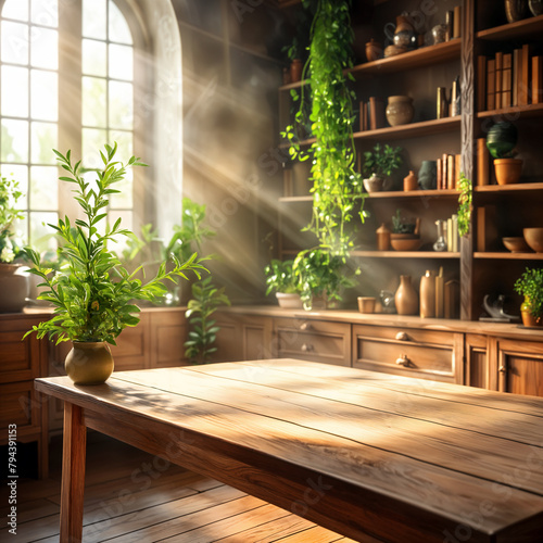 A cozy, well-lit room with wooden furniture filled with potted plants and vases. A large window allows natural light to fill the space, creating a warm and inviting atmosphere.