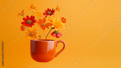 Orange mug with a bouquet of red and orange flowers and water droplets suspended in the air against a yellow background. Copy space. © Nonna