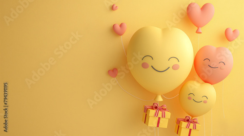 Smiling heart-shaped balloons with happy faces carrying gift boxes against a yellow background. Copy space. © Nonna