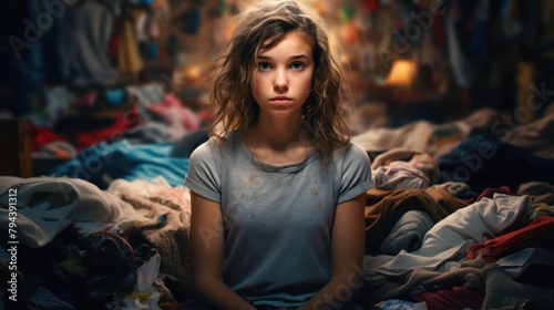 . A girl sits in a disorganized environment with a thoughtful expression on her face, foreshadowing the imminent need to restore cleanliness and order.