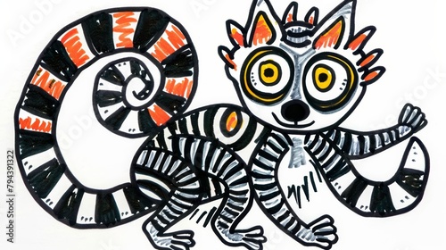   A cat drawing featuring a black-and-white feline with orange and white stripes, and another black-and-white cat sporting orange stripes