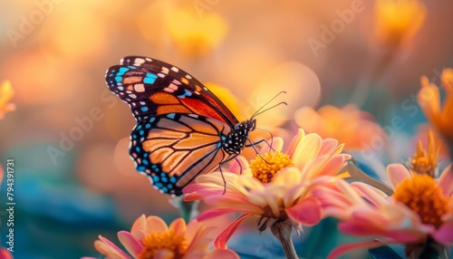 A monarch butterfly on a pink flower with a blurred background of yellow and orange flowers. © Nattanon