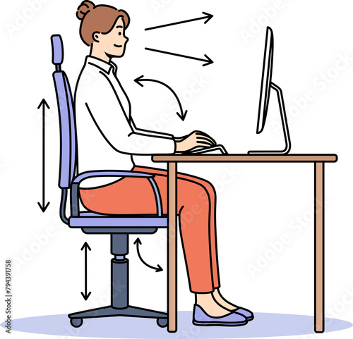 Woman demonstrates correct posture for working with computer, sitting with straight back at table with monitor. Girl follows rules of posture, typing on PC using ergonomic adjustable chair.