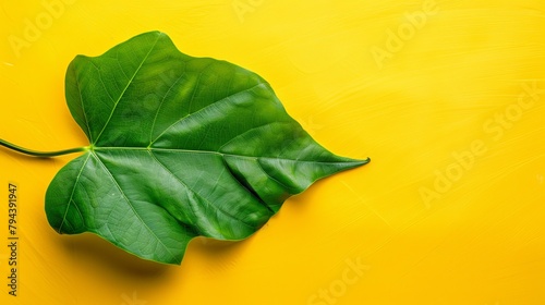 Green Leaf Against Bright Yellow Background for copy space
