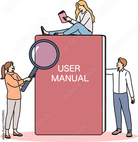 Book with user manual next to miniature people reading tips and rules for using product. Textbook with inscription user manual on cover is intended for teaching independent use of equipment
