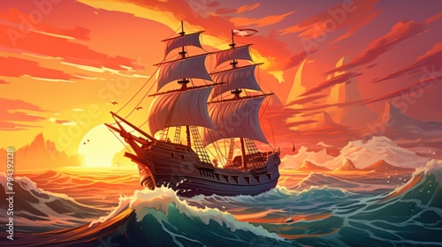 A ship sails through the ocean with a sunset in the background.