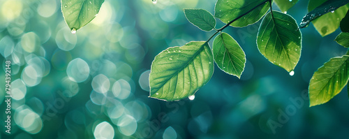 Grüne Blätter verzieren einen breiten Bokeh Hintergrund aus Glanzlichtern in der Natur photo