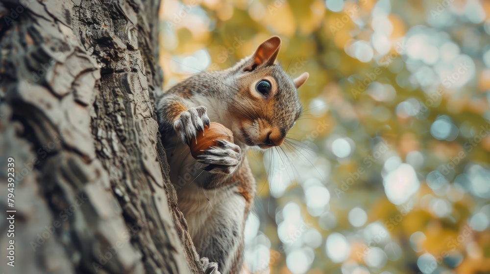 A squirrel holding a nut on a tree trunk. A squirrel holding a nut on a tree trunk.