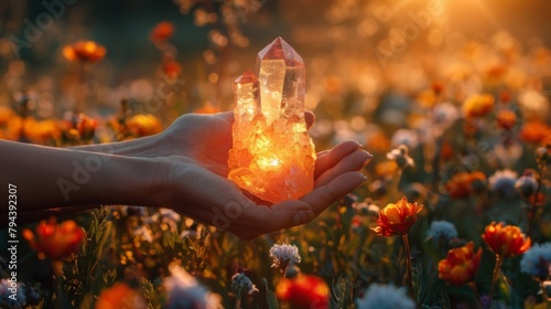 A pair of hands hold a glowing crystal surrounded by a field of wildflowers. The journey towards spiritual enlightenment often involves connecting with the natural world and