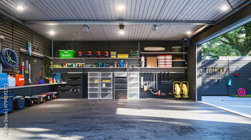 A garage with a lot of tools and equipment, including a surfboard