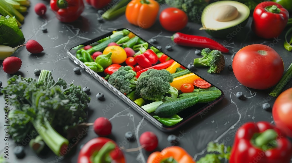 Cell Phone on Table With Vegetables Cell Phone on Table With Vegetables