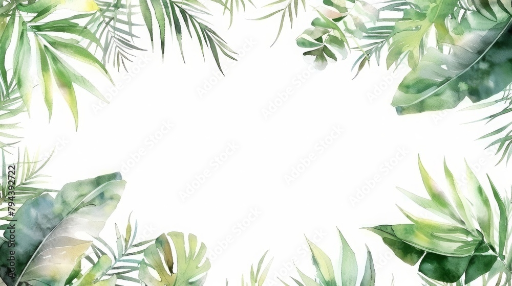 Watercolor tropical leaves frame on white background. Hand painted illustration, Watercolor hand painted frame with tropical green leaves and branches
