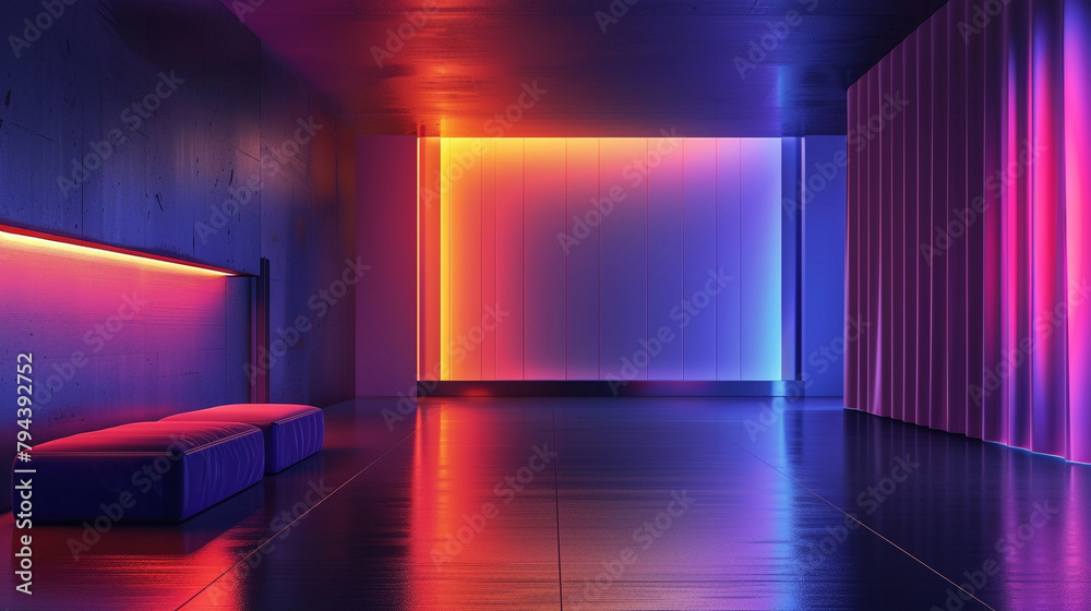 Reflective surfaces capturing the colorful hues of LED lights in a dark, elegant room with minimalist decor.