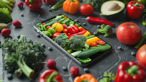 Cell Phone on Table With Vegetables