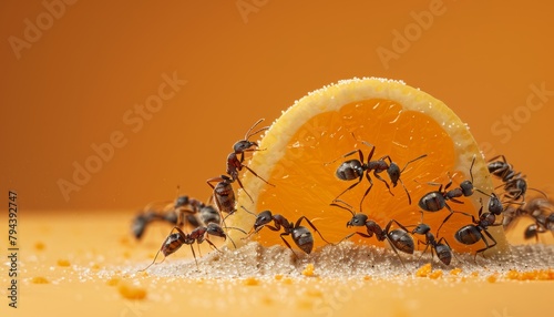 ants carrying an orange slice photo