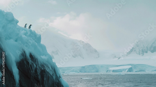 Emperor Penguins on Icy Cliff