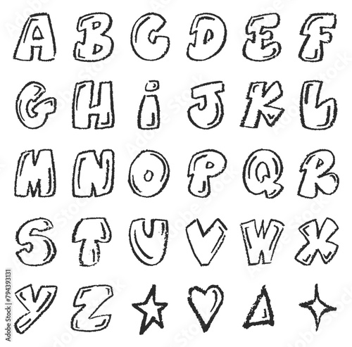 Set of alphabet letters in chalk texture with shape of balloons and bubbles graffiti style on black hand drawn doodle effect for crayon brush design. Crayon texture pencil effect. vector illustration