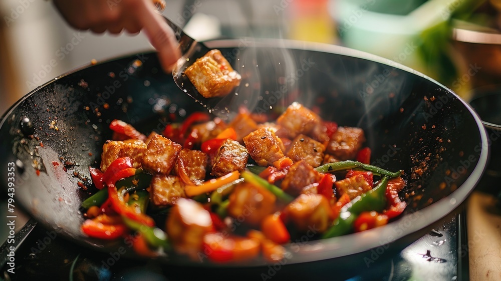 visual of tempeh being stir-fried with colorful vegetables, capturing the essence of a healthy and flavorful dish visual of tempeh being stir-fried with colorful vegetables, capturing the essence of a healthy and flavorful dish