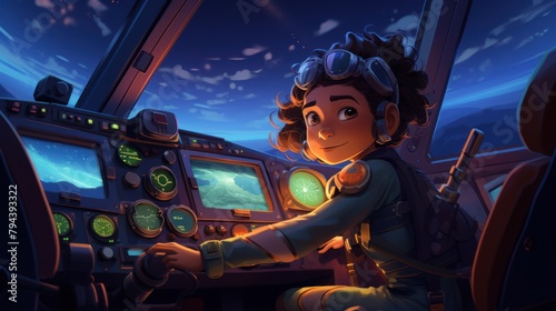 A young girl is sitting in the cockpit of a plane, wearing a flight jacket and aviator goggles. She is smiling and pointing at the control panel, which features multiple screens and dials. photo