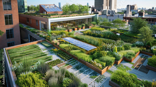 A rooftop garden with a green roof and a solar panel