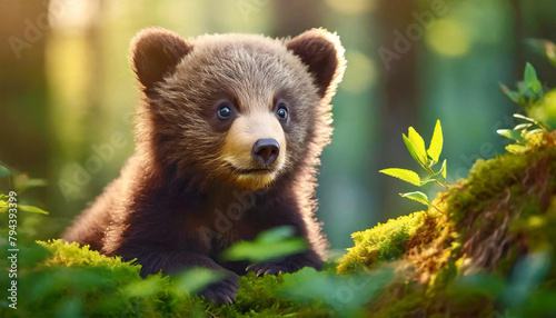 Brown bear cub in a lush forest, illustration. photo