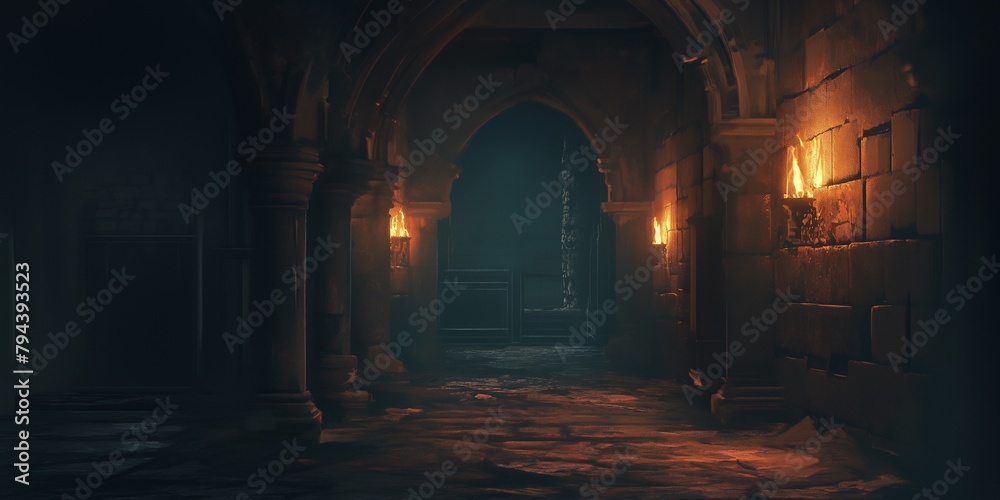 Dark dungeon long  medieval castle corridor backgrounds, scary endless medieval catacombs with torches. Mystical nightmare concept. 