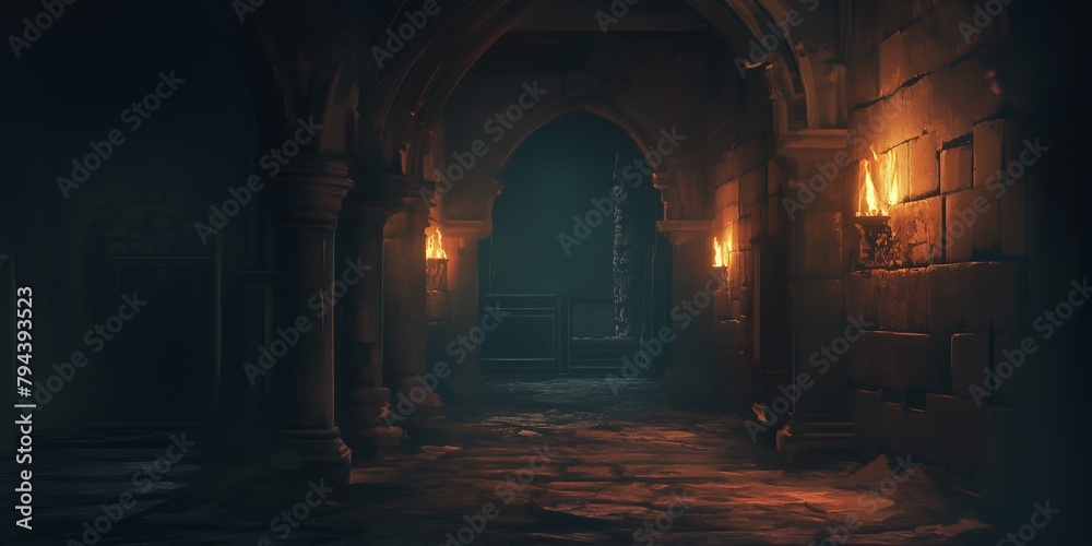 Dark dungeon long medieval castle corridor backgrounds, scary endless medieval catacombs with torches. Mystical nightmare concept. Dark dungeon long medieval castle corridor backgrounds, scary endless medieval catacombs with torches. Mystical nightmare concept.