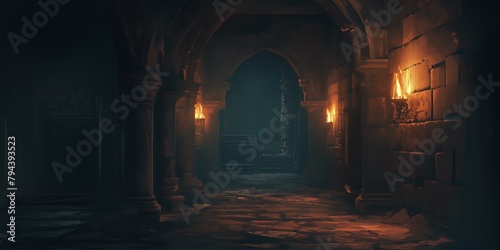 Dark dungeon long  medieval castle corridor backgrounds, scary endless medieval catacombs with torches. Mystical nightmare concept.  photo