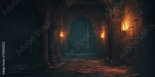 Dark dungeon long  medieval castle corridor backgrounds, scary endless medieval catacombs with torches. Mystical nightmare concept. 