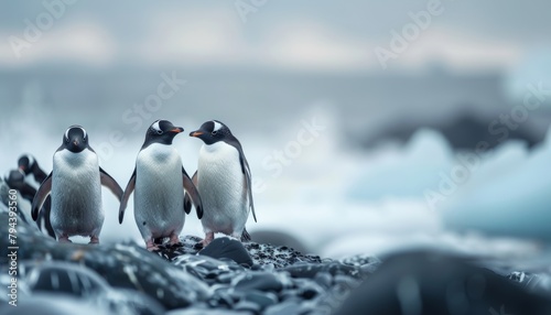 Gentoo penguins on a rocky beach photo
