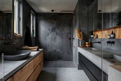 Contemporary modern bathroom interior in dark black colors, concrete and wooden elements.