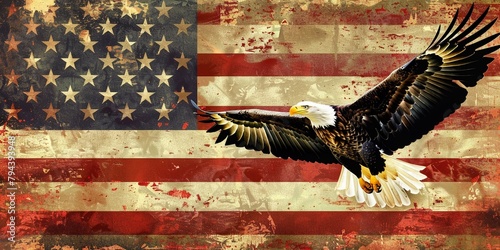 Eagle With American Flag Flies In Freedom, the national symbol of the USA, North American Bald Eagle on American flag backgrounds, copy space.