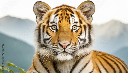 A young Bengal tiger portrait on a blurred mountain background. photo