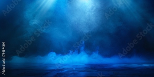 Abstract image of dark blue smoky backgrounds with light rays for product display. Black room or stage background for show or showcase.Panoramic view of the abstract fog mist clouds.