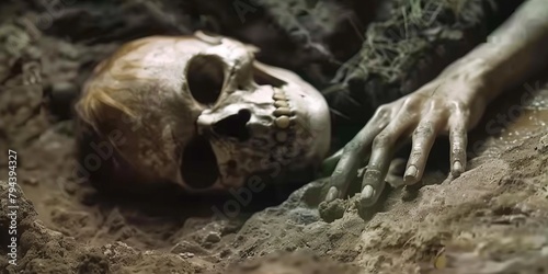 Corpse, close up of scary dead body, skull and pile of bone on decay leaf in pit the old graveyard, ghost, zombie, Halloween concept.
