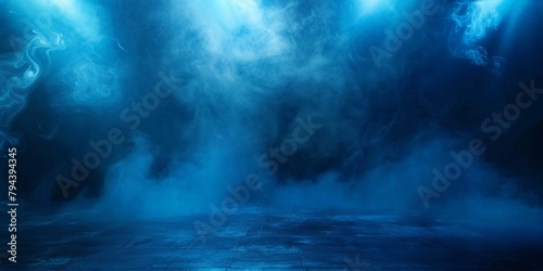 Abstract image of dark blue smoky backgrounds with light rays for product display. Black room or stage background for show or showcase.Panoramic view of the abstract fog mist clouds. photo
