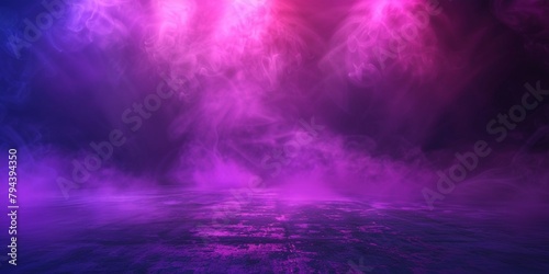 Abstract pink and purple smoke on black background, empty display stage with light rays and mist or dry ice fog for show, product display, Halloween event, copy space.