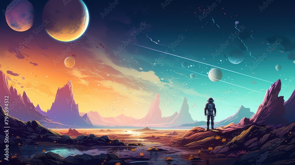 A lone astronaut standing on a rocky, desert-like planet. The sky is filled with stars and several planets. A shooting star is visible in the sky, and a river is present on the planet's surface. A lone astronaut standing on a rocky, desert-like planet. The sky is filled with stars and several planets. A shooting star is visible in the sky, and a river is present on the planet's surface.