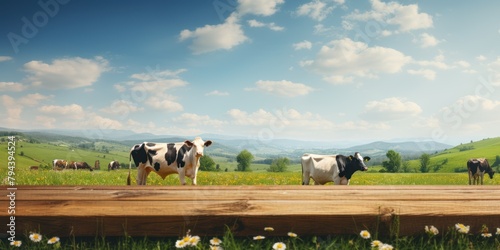 Fototapeta Naklejka Na Ścianę i Meble -  Empty wooden tabletop and blurred rural background of cows on green field and meadow with grass. Space for design your product.