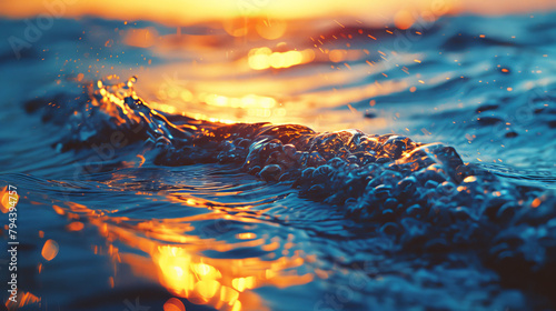Close-up of water with sunset reflection creating bokeh.	 #794394757