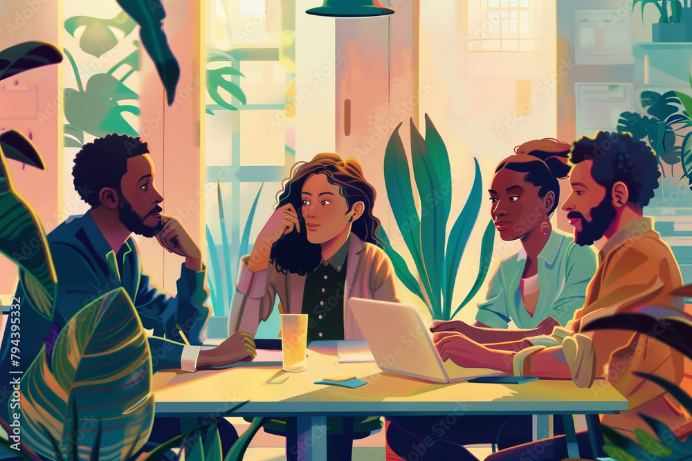 A focused creative team engaged in a brainstorming session in a plant-filled cozy workspace environment. Diversity people in corporate. A focused creative team engaged in a brainstorming session in a plant-filled cozy workspace environment. Diversity people in corporate.