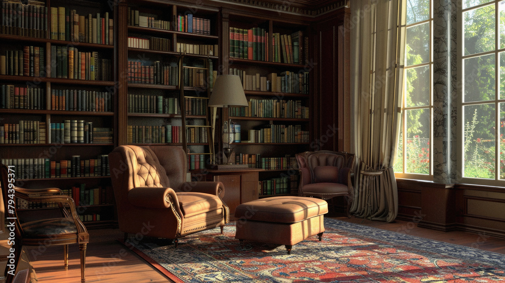 A room with a large collection of books and a window A room with a large collection of books and a window