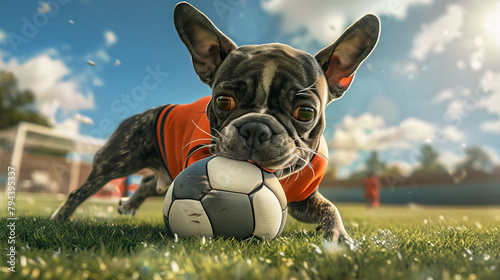 French bulldog in sport attire playfully biting a soccer ball on a grassy field on a bright sunny day. photo