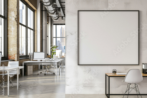 Modern office space with bright decor and a blank white frame, offering a canvas for innovative ideas.