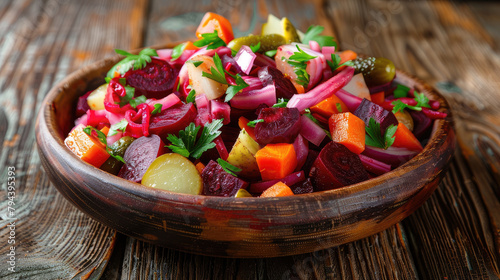 Beetroot salad (Vinegret) with beets, potatoes, carrots, pickles, and onions, Traditional Russian dish on wooden rustic background. © Liliya Trott