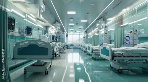 A hospital room with many beds and medical equipment