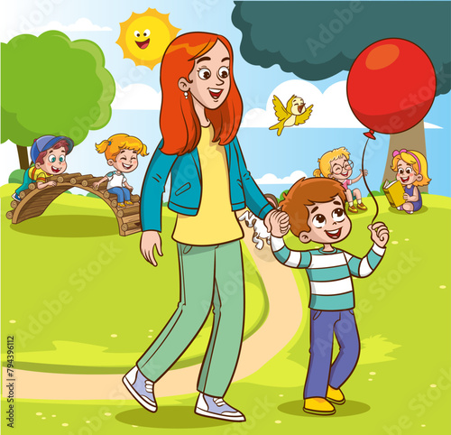 Happy family walking in the city park. Father, mother, son and daughter together outdoors. Vector illustration in cartoon style